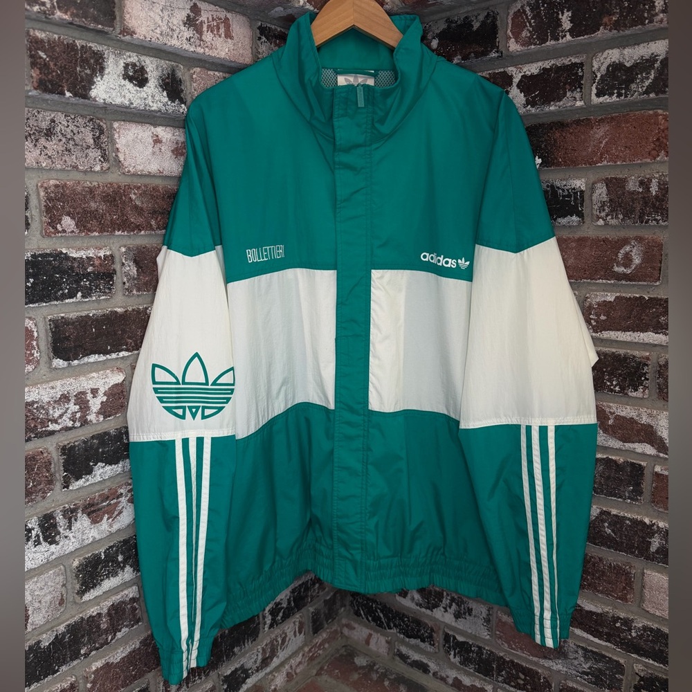 VTG 90s Adidas Trefoil Teal Color Block Zip Windbreaker Track Jacket w/ Hood